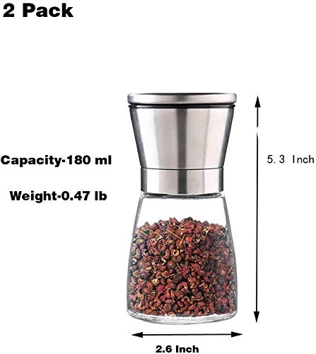 2 Packs Salt And Pepper Mills Brushed Stainless Steel Salt And Pepper Grinder Set(Pack Of 2) With Adjustable Ceramic Coarseness Grinder And Glass Body- Salt And Pepper Shakers #TOP1