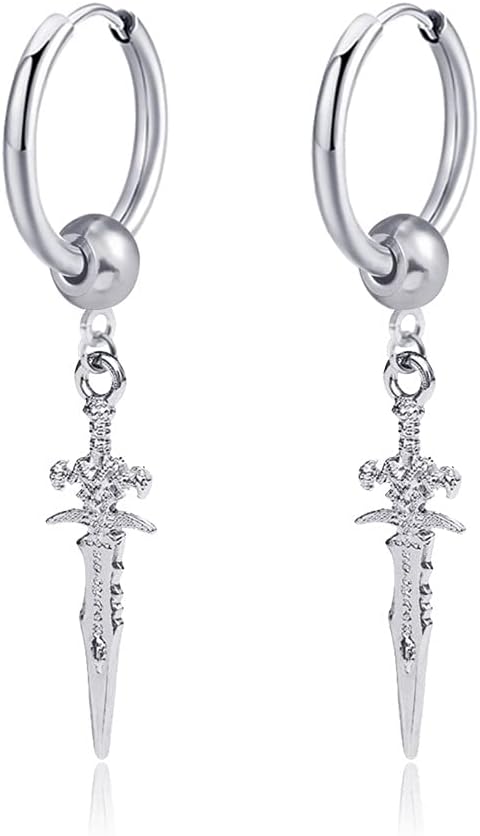 Retro Punk Sword Dangle Drop Cuff Huggie Small Hoop Earrings for Men Women Cartilage Kpop Hypoallergenic Stainless Steel Piercing Hanging Drop Cool Hip Hop Fashion Personalized Best Friends Birthday