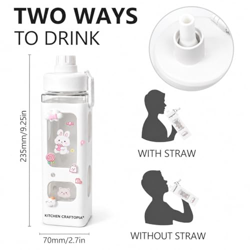 Image of Kawaii Water Bottle for Girls with Straw & Movable Handle | Leak-Proof BPA-Free Cute Plastic Bottle with 2D & 3D Stickers | Stylish School & Travel Bottle for Kids (750 ml) (White)