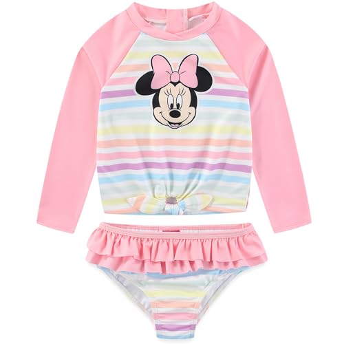 Disney Minnie Mouse Girls UPF 50+ Rash Guard & Bikini Bottom Two Piece Swimsuit Set for Toddlers to Little Kids