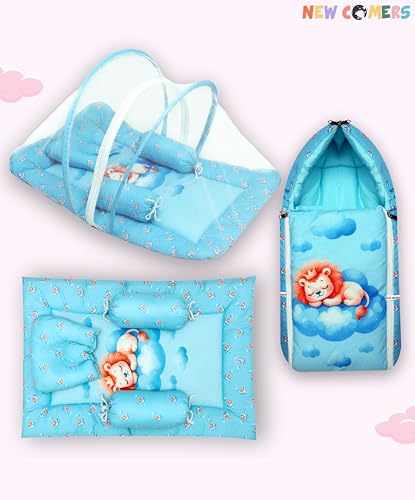 Image of NEW COMERS Baby Bedding Set, 6 Pieces, Cotton, with Pillow, Bolster, Mosquito Net, Playmat, 85 x 52 x 6 cm (Sea Blue)