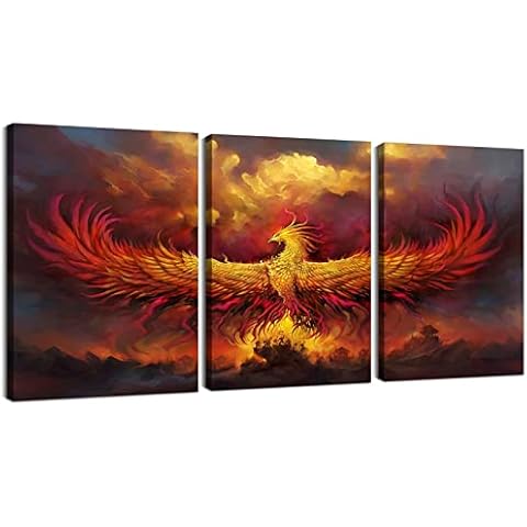 YOUHONG 3 Piece Phoenix Bird Wall Decor Animal Canvas Wall Art Bird Wall Art Animal Wall Art Cool Burning Phoenix Art Framed Ready to Hang for Bedroom Living Room Decor (12''Wx16''Hx3pcs) Cover