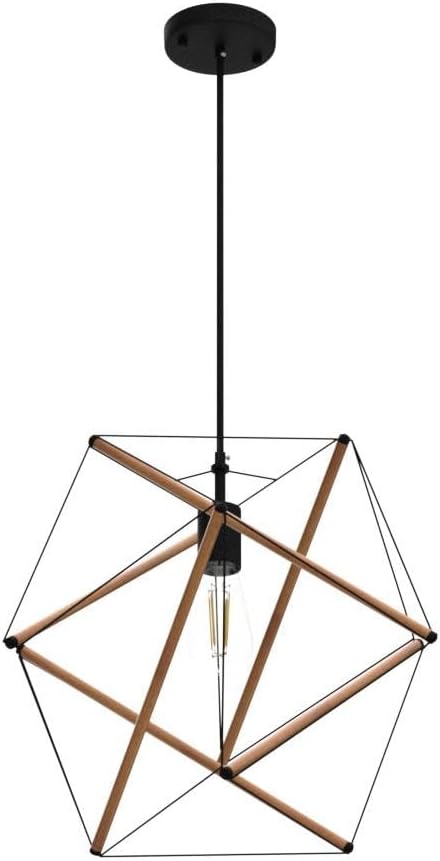 AMZASA Black Geometric Art Deco Hanging Pendant Light Metal and Wood Modern Industrial Chandelier Light Fixture for Dining Room Kitchen Island Arts Center Yoga Studio,Need Assemble UL Listed