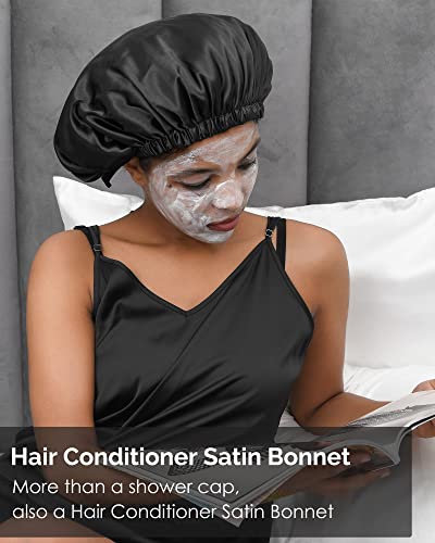 Yanibest Shower Cap For Women - Hair Satin Bonnet Shower Cap For Men Waterproof Extra Large Double Layer Reusable Adjustable For Braids Long Hair (Large,Black) #TOP5