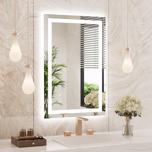 WEER Specchio da bagno con luci a LED, specchio da parete 50x70 cm, dimmerabile in 3 colori, pannello antiappannamento retroilluminato, vetro temperato HD IP44, verticale o orizzontale