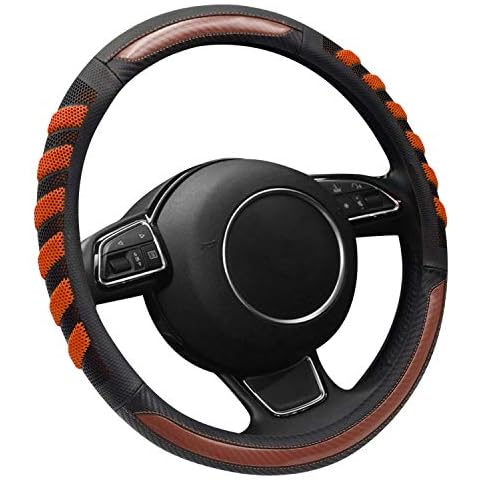NICEASY Sport Style Khaki PU Leather Steering Wheel Cover with Black Sport Grip Anti-Slip Breathable Steering Wheel Accessory Universal Fit 14.75-15 inch Cover