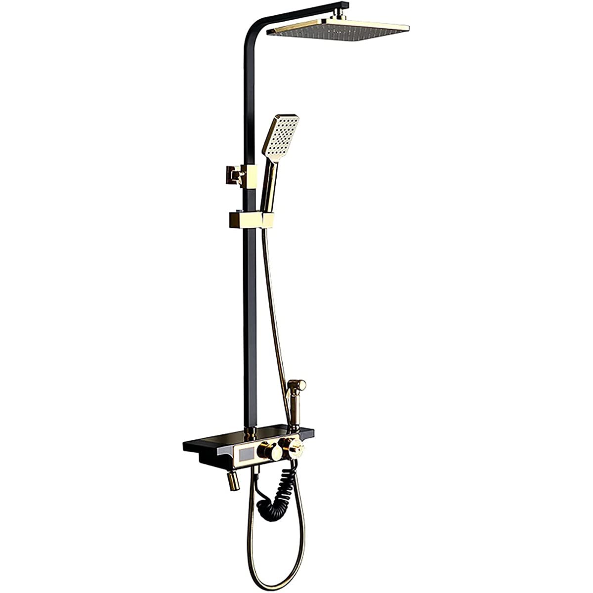 WXPGFEQ Rain Shower System Thermostatic Shower Combo Set Gold And Black Bathroom Shower Faucet Set With Rainfall Shower Head, Handheld Shower, Bathtub Faucet, Bidet Spray, Digital Display