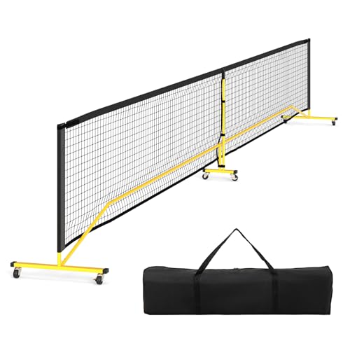 GYMAX Red de Pickleball Portátil 6,75 M, Red de Pickleball Regulatorio con Bolsa de Transporte, Sistema de Red de Pickleball con Red PE sin Nudos de 18 Hilos, Base Metálica para Exterior