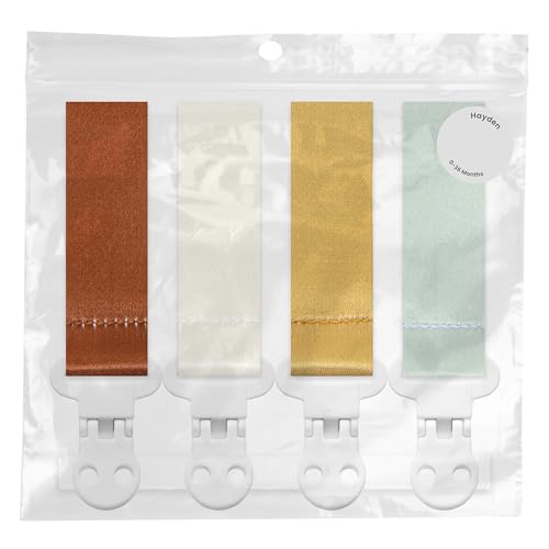 Image of Stadela Baby Pacifier Clip Holder - Girl or Boy Unisex 4 Pack Gift Set - Boho Modern Neutral Brown Yellow White Sage Green Solid Colors (Hayden)