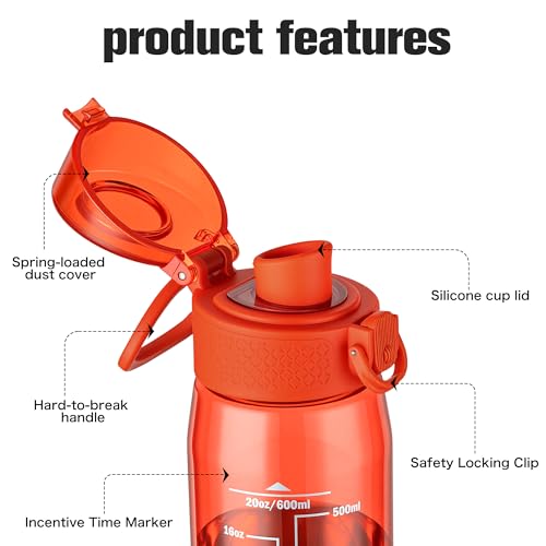 Image of GOPPUS 20oz Kids Water Bottle with Time Marker & Handle, Tritan BPA-Free, Reusable Leakproof Anti-Dust Everyday,Clear Kids Water Bottles For School,Car Travel, Gifts Boys Girls(Orange)