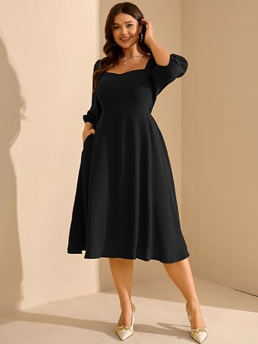 Image of RWJ Plus Size Dress for Women Fall 3 /4 Sleeve Sweetheart Neck Aline Casual Wedding Guest Formal Midi Dresses with Pockets