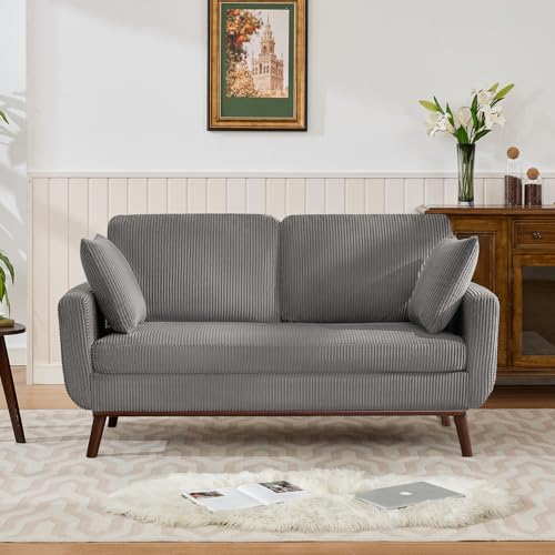 Image of Kingfun 65 inch Corduroy Love Seat with Spring Cusions, Mid Century Modern Loveseat Sofa for Livingroom & Bedroom, Comfy Upholstered Small Couch, Gray