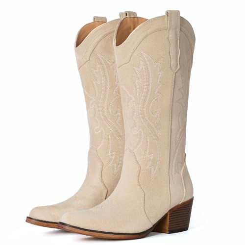 IUV Suede Cowboy Boots for Women Western Mid Calf Cowgirl Boots with Embroidered, Retro Snip Toe...