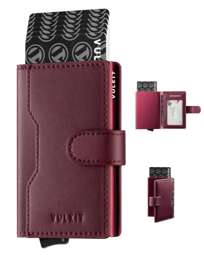 Image of VULKIT Slim Bifold Pop up Wallet Minimalist Leather Card Holder RFID Blocking Metal Card Case with ID Window for Women | with Leather Slots