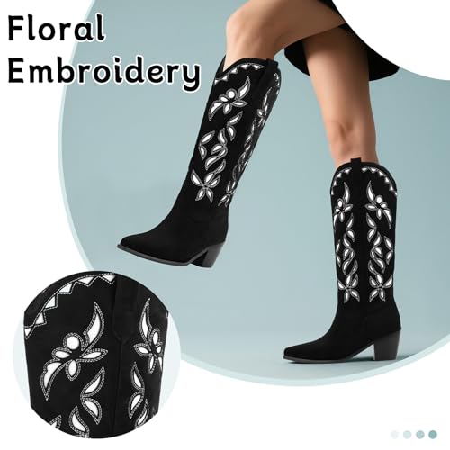 Image of LingxiaUne Cowboy Boots for Women Floral Cowgirl Boots with Pointed Toe and Chunky Heel Mid Calf Western Boot for Concert Festival Country Night Party