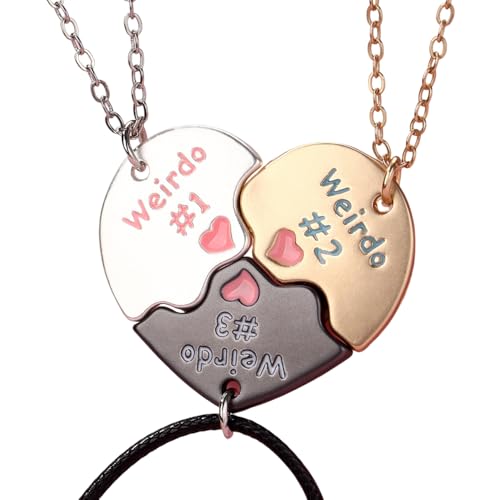 BFF Necklace for 3, Matching Heart Split Weirdo 1 Weirdo 2 Weirdo 3 Soul Sister Jewelry, Best Friend Necklace