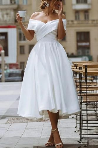 Image of Simple Short Wedding Dresses for Bride 2025 Elegant Off the Shoulder Ruffle Satin Bridal Shower Dress for Women