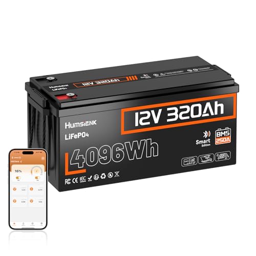Humsienk Bluetooth Batterie Lithium 12V 320Ah LiFePO4 avec BMS 250A, 4096Wh Energie, 15000 Cycles à Décharge Profonde, Protection Basse Température pour Camping-Car, Bateau, Stockage Maison, Off-Grid