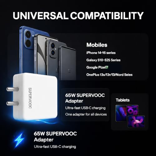 Image of Realme 65W Supervooc Charger with 1M Type-C Fast Charging Cable|Dash /Wrap /Vooc /Superdart /Dart|65Watt Adapter for Realme Narzo 80 Lite /90x /80 Pro /90 /P4x /15T /15C /P3 Lite /C75 /C71 /GT 7 /GT 7T /P3 Pro /GT 6