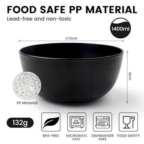 Bugucat Ciotole per Cereali 6 Pezzi 1400ML, Ciotola Grande Infrangibili in Plastica Ciotola Colazione,Insalatiera per Zuppa di Cereali Ramen Insalata,Ciotole da Dessert per BBQ Party e Campeggio,Nero - immagine 3