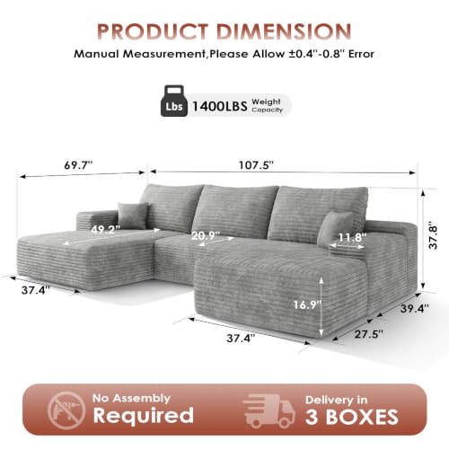 Image of Boneless Couch, Modular Sectional Couches for Living Room, U-Shaped Cloud Couch Sofa with Deep Seat, Fluffy Corduroy Upholstered Corner Sofa