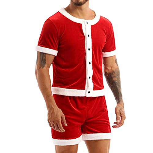 Moily Men's 2Pcs Velvet Christmas Santa Suit Short Sleeves Button Down Tops with Loose Panties2