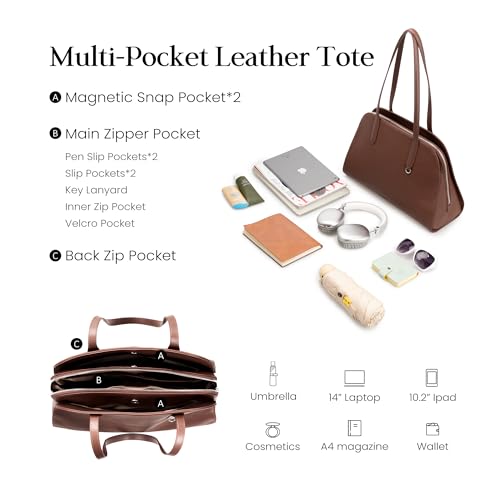 Image of befen Genuine Leather Tote Bag for Women Work Travel Leather Purse Handbags | Real Leather, Padded 14 inch Laptop Compartment, Multi-Pockets, Zipper, Tote Bag for Daily