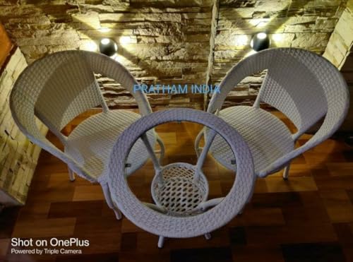 Image of PRATHAM India 2+1 Outdoor Indoor Patio Set Bistro Set Rattan Chair Patio Set Lawn Balcony Hall Outdoor Garden D 12 Chair Table Set (White)