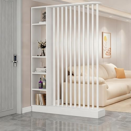 Modern Chinese Room Divider with Shelves - Stylish Privacy Screen & Storage Cabinet for Small Spaces, Entryway or Living Room (Gray & White, 31.5x9.4x79.5in)