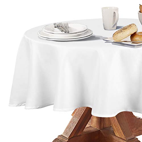 Image of Obstal 210GSM Round Table Cloth, White, 70 Inch Diameter | Water Resistance Microfiber Tablecloth, Decorative Fabric Circular Table Cover for Outdoor and Indoor Use