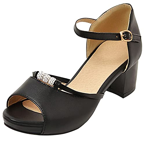 Imagen de Lizoleor Sandalias Mujer Tacon Ancho Medio Plataforma Zapatos Peep Toe Correa Tobillo Hebilla Boda Verano Comodos Prom Vestir Lovely Negro Talla 36 EU