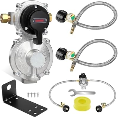 NQN 2-Stage Automatic Changeover LP Propane Gas Regulator with Two 18" RV Pigtail Propane Hoses with Gauge, Stainless Braided QCC1 1/4" Inverted Male Flare