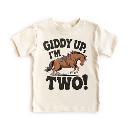 Western 2nd Birthday Bucking Horse Shirt - Giddy Up I'm Two 2 Western Aesthetic Rodeo Birthday Top - Natural Toddler Youth Tee
