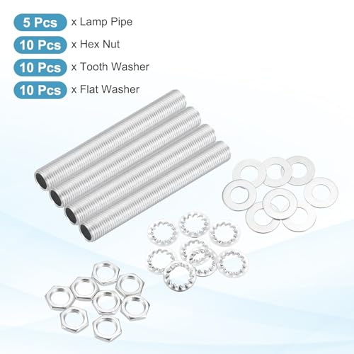 Image of MECCANIXITY 35Pcs 3 inch Lamp Pipe Nipples Kit with Hex Nuts Washers, M10 Fine Threaded Hollow Tube Repair Hardware Fasteners Assortment for Assembly Chandelier Ceiling Lamp DIY, Silver