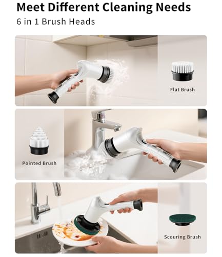 Image of Electric Spin Scrubber, Cordless Household Cleaning Brush with 6 Replaceable Heads, 3 Speeds, LED Display, Lightweight Handheld Power Scrubber for Cleaning Stove /Bowl /Sink /Corner /Tile /Grout-White
