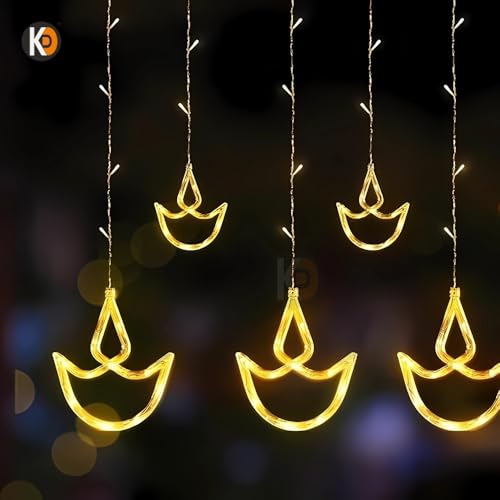Image of K D 6+6 Diya Yellow Curtain LED String Lights, 138 LEDs (3.5 ft Length + 0.5 FT Length After Adapter = 4ft) with 8 Modes Indoor Outdoor for Home, Diwali, Christmas (Big String Diya 6+6 Yellow)