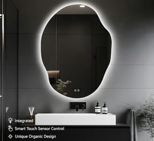Image of MIRROR ART Irregular LED Wall Mirror 28x20 Inch - Dimmable Backlit Light, Touch Sensor - Modern Bathroom Vanity & Home Decor Mirror (28x20)