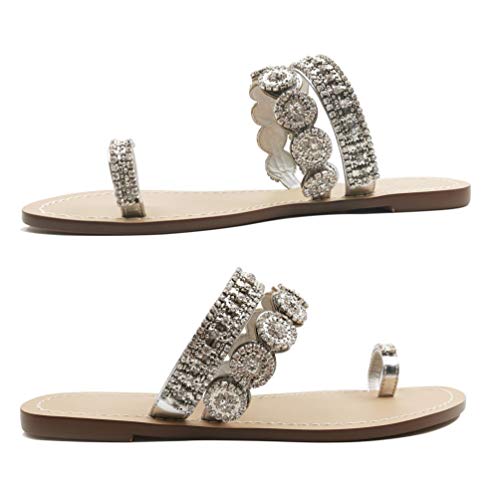 Image of Women's Rhinestone Flat Sandals, Women Flip Flops with Clip Toe RingBeadeed Rhinestone Crystal Jeweled Sandal Shoes for Summer Beach Oceanside Holiday Outdoor