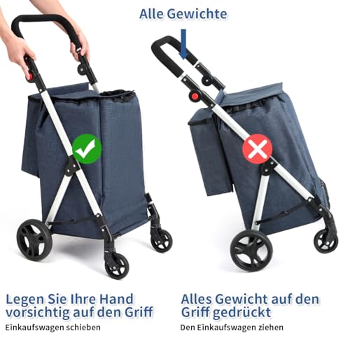 LEUYA ABC Einkaufstrolley, 46L Trolly Einkaufswagen Klappbar, 4 Rädern Aluminium Leichtgewicht Einkaufstrolley, mit Isolierter Kühltasche, Stabil und Leicht zu Verstauen Einkaufswagen (Blau) – Bild 4