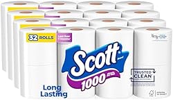 Scott 1000 Trusted Clean Toilet Paper, 32 Rolls, Septic-Safe, 1-Ply Toilet Tissue