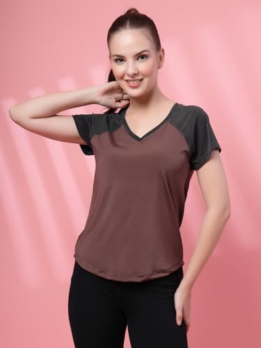 Image of UZARUS Women's V-Neck Regular Fit Gym T-Shirt | Soft Lightweight & Stretchable Fabric | Activewear Top for Workout Yoga Running Exercise Casual Wear