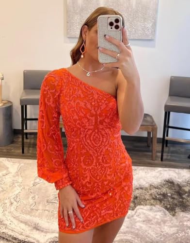 Sparkly Sequin Lace Homecoming Dresses for Teens Puffy Sleeve One Shoulder Mini Prom Cocktail Gown4