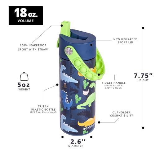 Elemental Leak Proof Water Bottles for Kids - Splash Kids Water Bottle for School with Pop-it Handle - Tritan Plastic Water Bottle with Straw - Dinosaur & Green - 18oz (2 Pack) by Elemental - Image 2