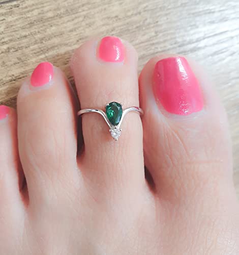 Moonlidesigns Adjustable Toe Ring Sterling Silver 925 Green Emerald And Clear Diamonds Dainty Toe Cuff Emerald Drop Stone #TOP1