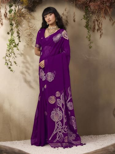 Image of AKHILAM Women's Kanjivaram Pure Silk Floral Printed Saree With Unstitched Blouse Piece