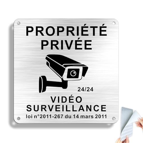Goodvia Panneau Propriété Privée sous Vidéo Surveillance 15x15cm Aluminium Brossé avec Auto-adhésif 1 Pièce
