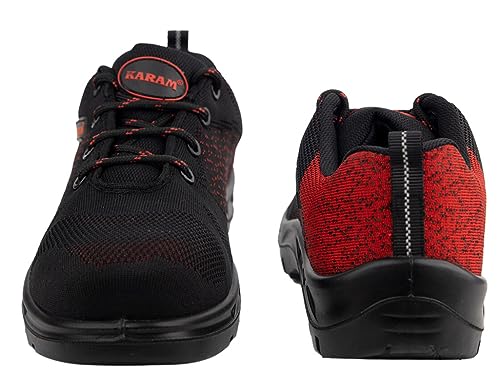 KARAM ISI Marked Flyknit Safety Shoe Excellent Grip, Comfort and Slip Resistance | Safety Shoes with Fibre Toe | Red & Black | FS215FN(FWSAMN)