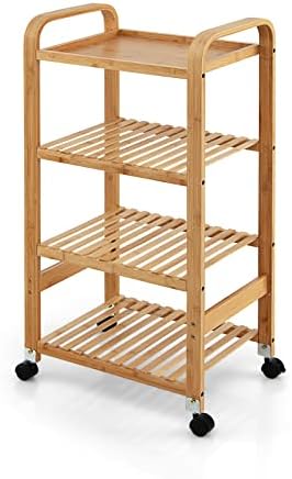 COOURIGHT 4-Tier Bamboo Kitchen Rolling Cart, Mobile Kitchen Storage Rack w/Locking Casters, Kitchen Island Stand on Wheels, Multifunctional Serving Cart Home Bar for Kitchen, Dining Room