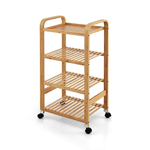 Coouright 4-Tier Bamboo Kitchen Rolling Cart, Mobile Kitchen Storage Rack W/Locking Casters, Kitchen Island Stand On Wheels, Multifunctional Serving Cart Home Bar For Kitchen, Dining Room #TOP2