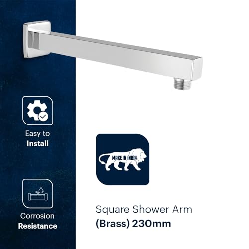 Image of Johnson Square Shower Arm 9 inches long with wall flange | Brass Material | Anti-Corrosion Shower Holder for Overhead Showers | 2 Year Warranty (S0001C1 - Chrome)